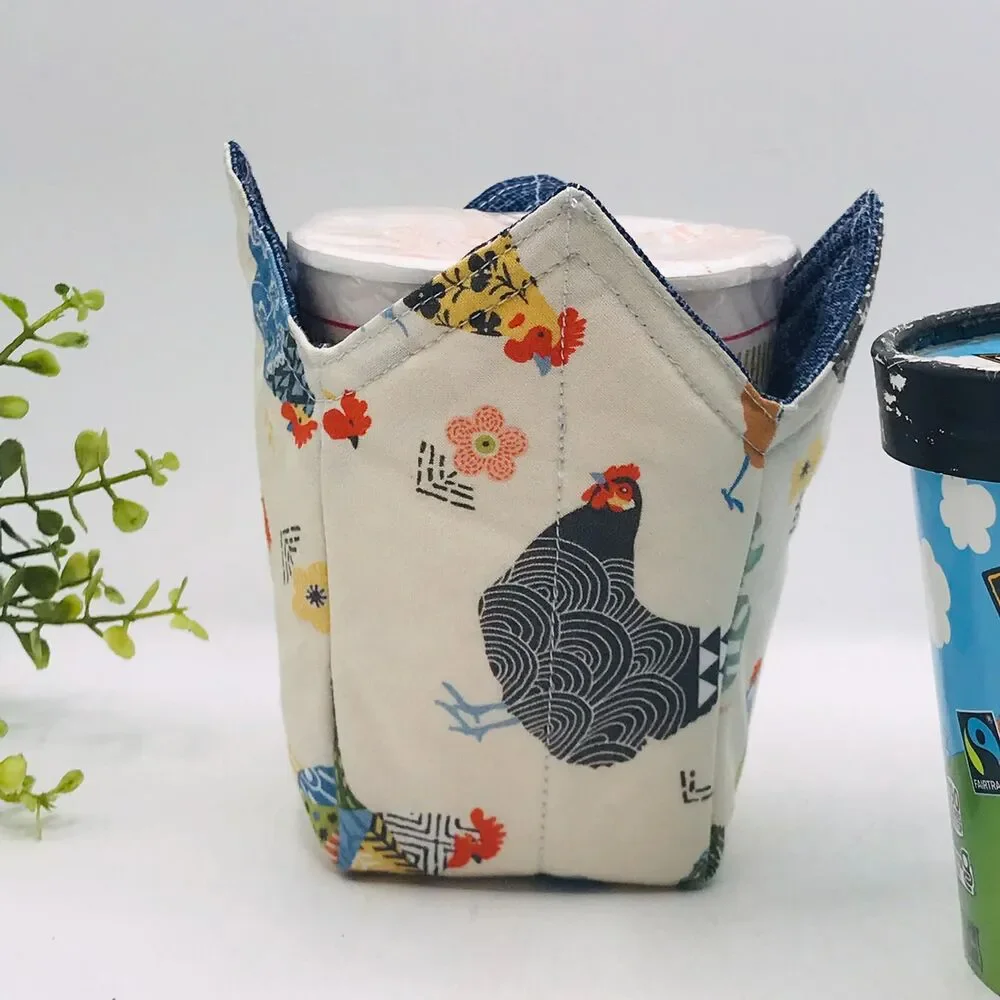 Microwave Pint Size Cozy, Reversible, Cottage Core Patchwork Chickens Cream Blue
